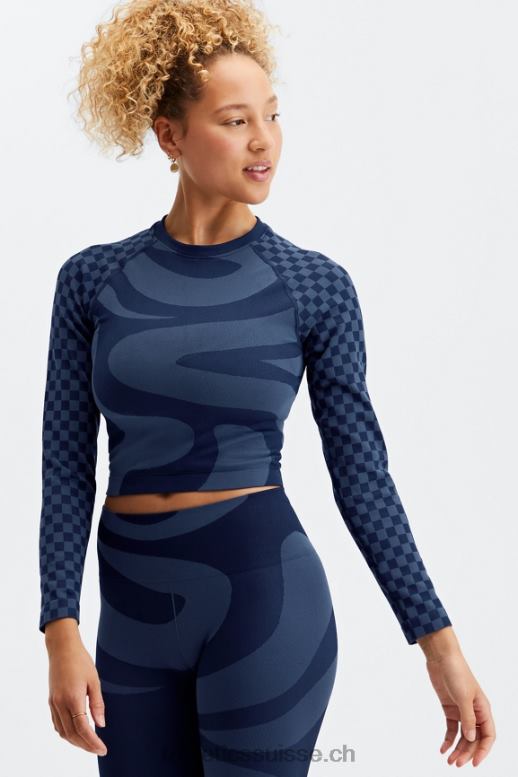 femmes crop top à manches longues sans coutures jada B0B6R2663 marine foncé/bleu moyen Fabletics
