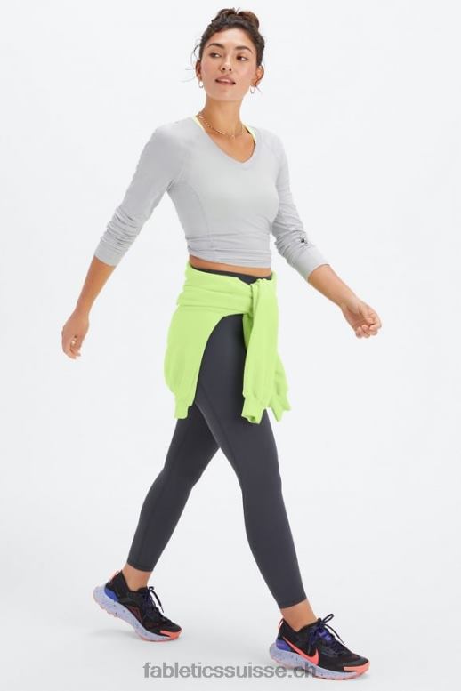 femmes haut à manches longues et col v phoenix lite B0B6R2591 débouchure gris minéral/noir Fabletics