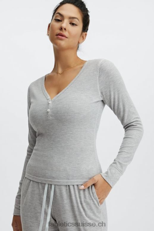 femmes henley gaufré à manches longues B0B6R2648 gris clair chiné Fabletics