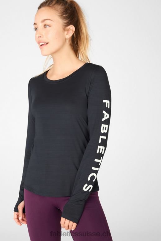 femmes t-shirt éco-responsable graphique à manches longues B0B6R2703 noir blanc Fabletics
