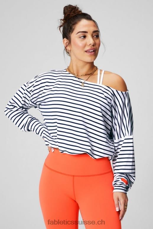 femmes pull à épaules dénudées en tissu éponge de luxe B0B6R2422 rayure française/orange passion Fabletics