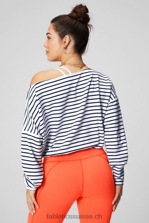 femmes pull à épaules dénudées en tissu éponge de luxe B0B6R2422 rayure française/orange passion Fabletics