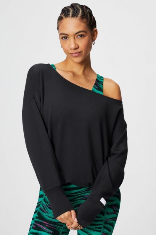 femmes pull à épaules dénudées en tissu éponge de luxe B0B6R2423 noir Fabletics