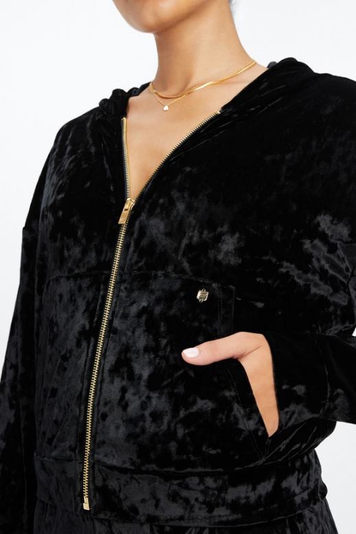 femmes sweat à capuche zippé en velours frappé B0B6R2484 noir Fabletics