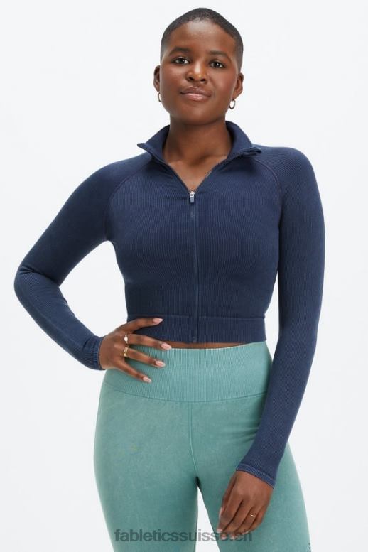 femmes zip intégral côtelé sans coutures B0B6R2770 bleu marine délavé Fabletics