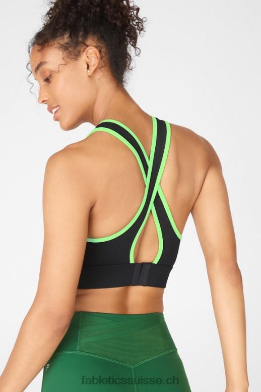 femmes soutien-gorge de sport à impact moyen à dos croisé blare B0B6R1884 twist noir/citron vert Fabletics