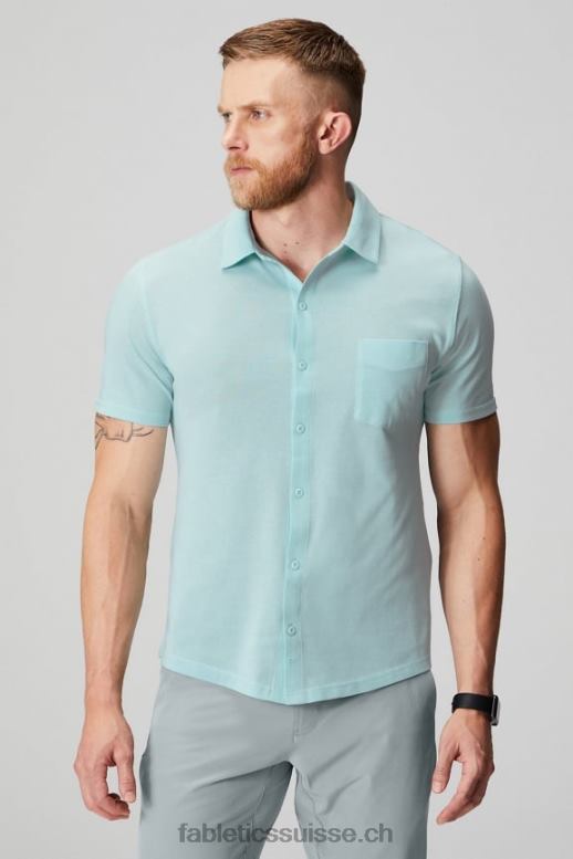 Hommes le tiret boutonné à manches courtes vers le haut B0B6R3537 bleu nordique chiné Fabletics