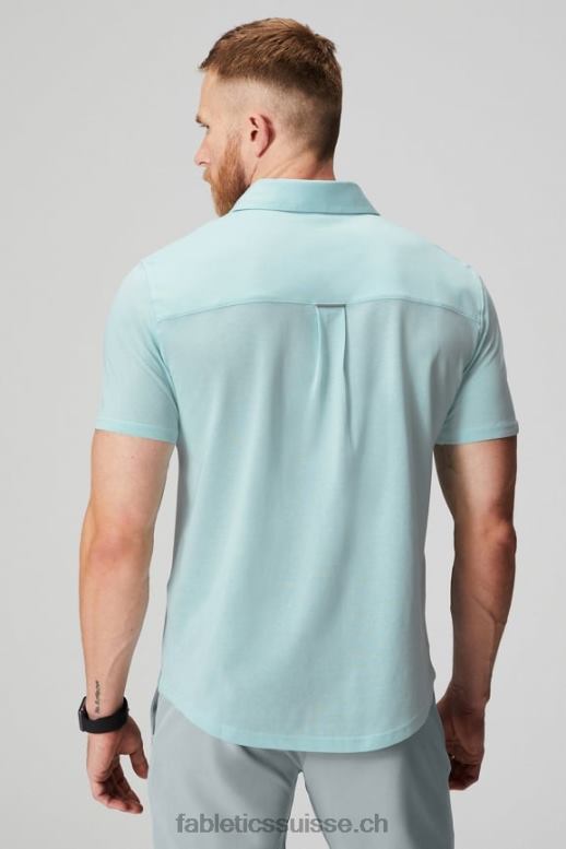 Hommes le tiret boutonné à manches courtes vers le haut B0B6R3537 bleu nordique chiné Fabletics