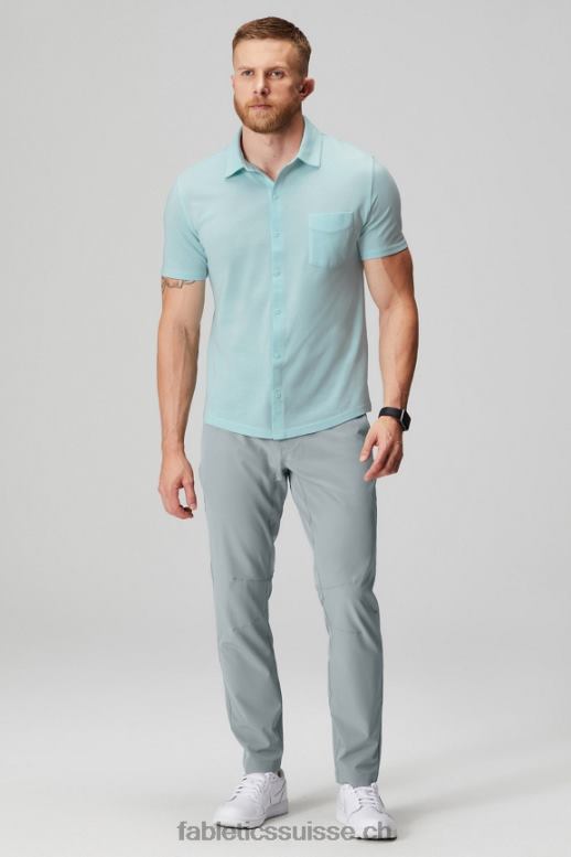 Hommes le tiret boutonné à manches courtes vers le haut B0B6R3537 bleu nordique chiné Fabletics