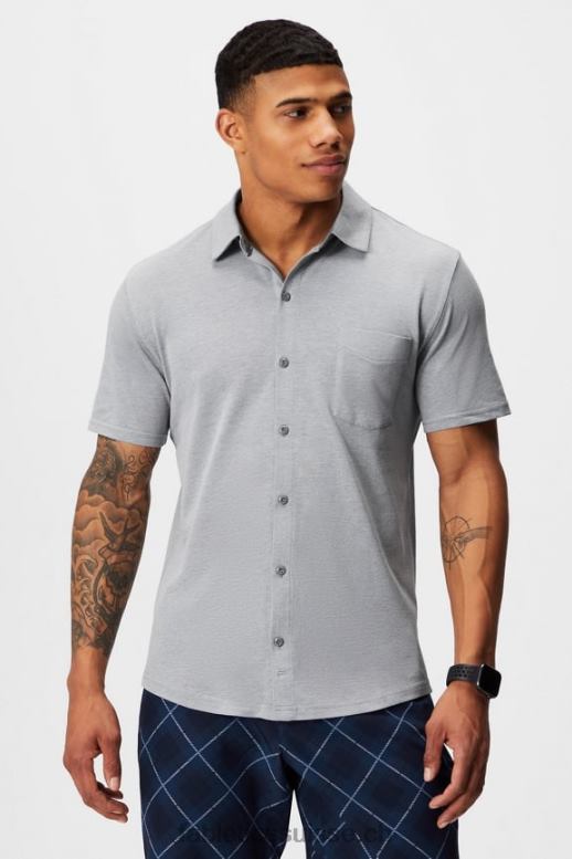 Hommes le tiret boutonné à manches courtes vers le haut B0B6R3539 gris chiné classique Fabletics