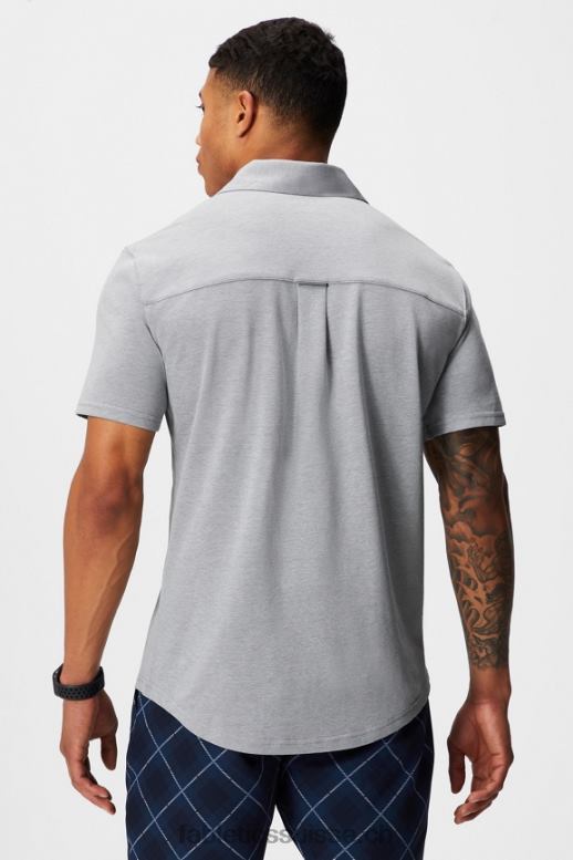 Hommes le tiret boutonné à manches courtes vers le haut B0B6R3539 gris chiné classique Fabletics