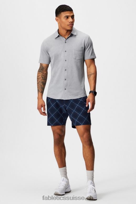 Hommes le tiret boutonné à manches courtes vers le haut B0B6R3539 gris chiné classique Fabletics
